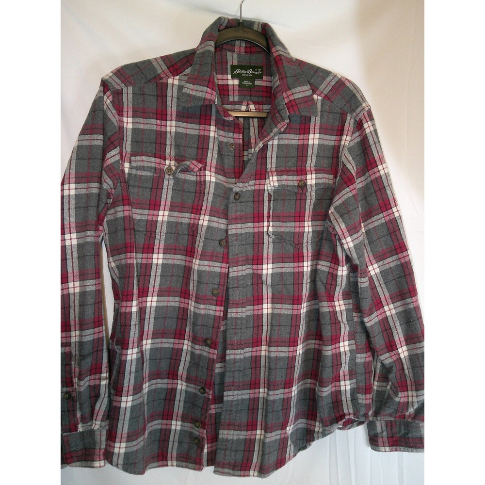 Eddie Bauer Mens Flannel Long Sleeve Button Up Shirt Red Gray‎ Plaid Size L
